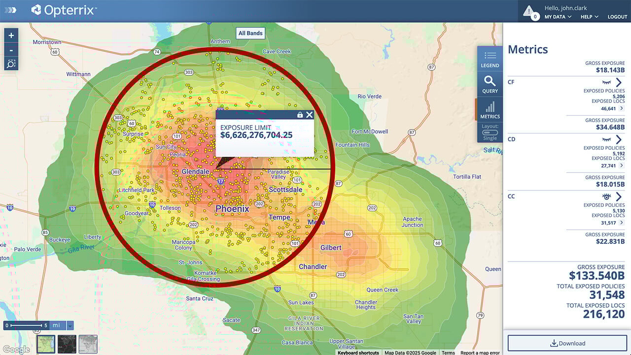 GIZA exposure analysis for Phoenix, Arizona, helps underwriters and risk managers easily identify peak zones of exposure.