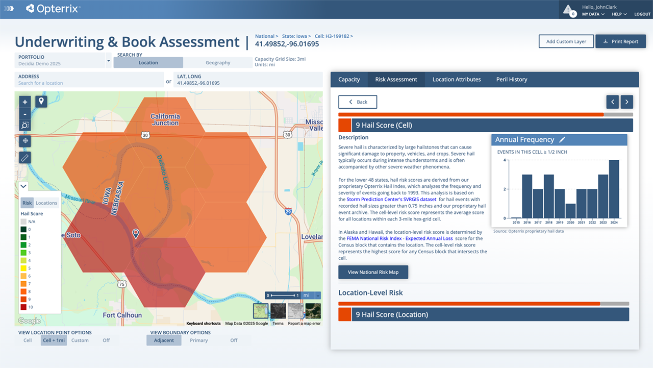 Opterrix hail risk analysis for a location, with hail frequency over time.
